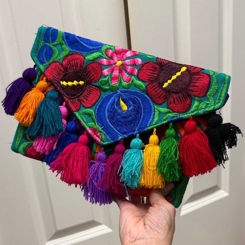 Colorful Embroidered Clutch with Tassels and Zipper Closure (Can be crossbody)